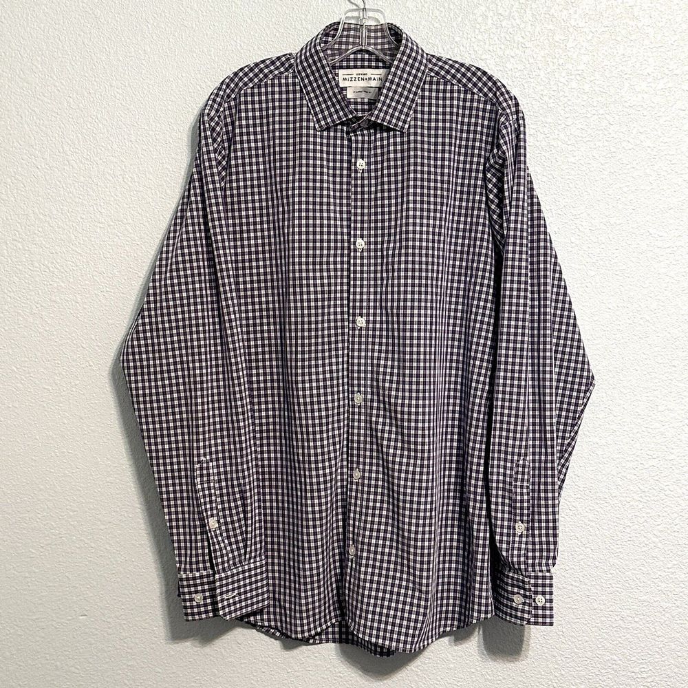Mizzen + Main Leeward Trim Fit Dress Shirt Mens Size XL Blue Purple Plaid